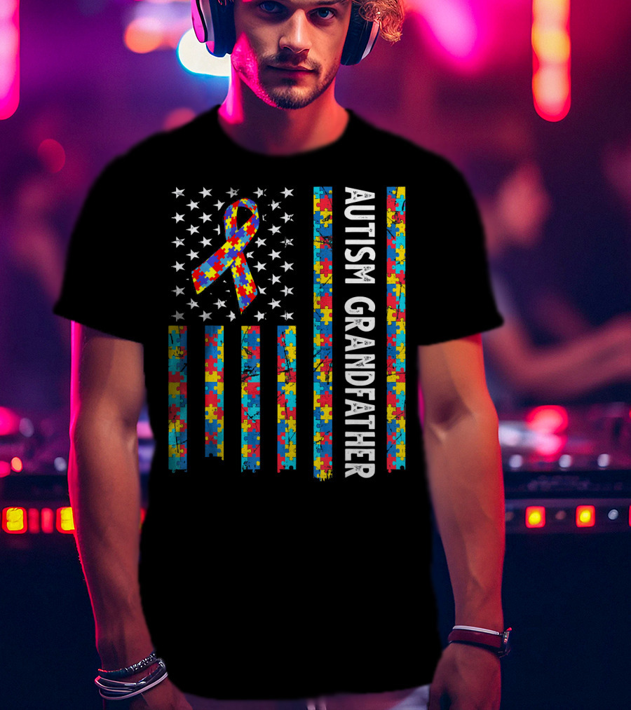 Autism Grandfather Puzzle Ribbon American Flag Stars T-Shirt