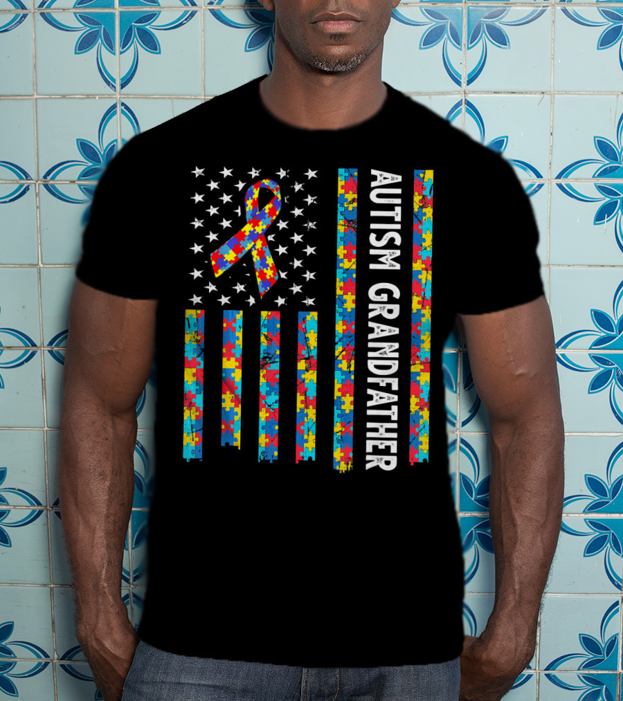 Autism Grandfather Puzzle Ribbon American Flag Stars T-Shirt
