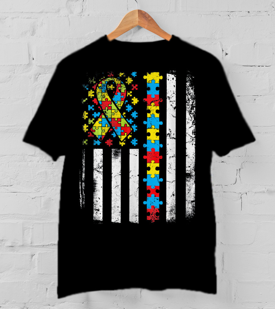 Autism Awareness American Flag Puzzle T-Shirt