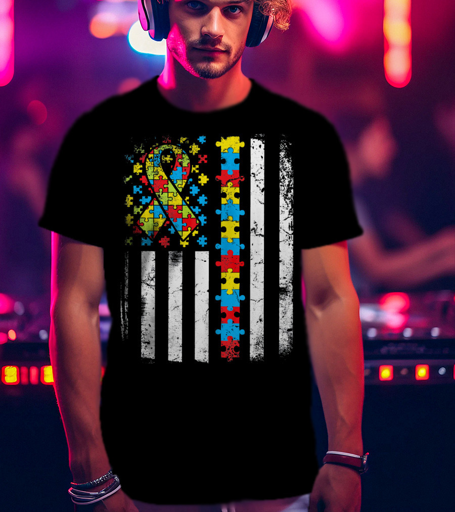 Autism Awareness American Flag Puzzle T-Shirt