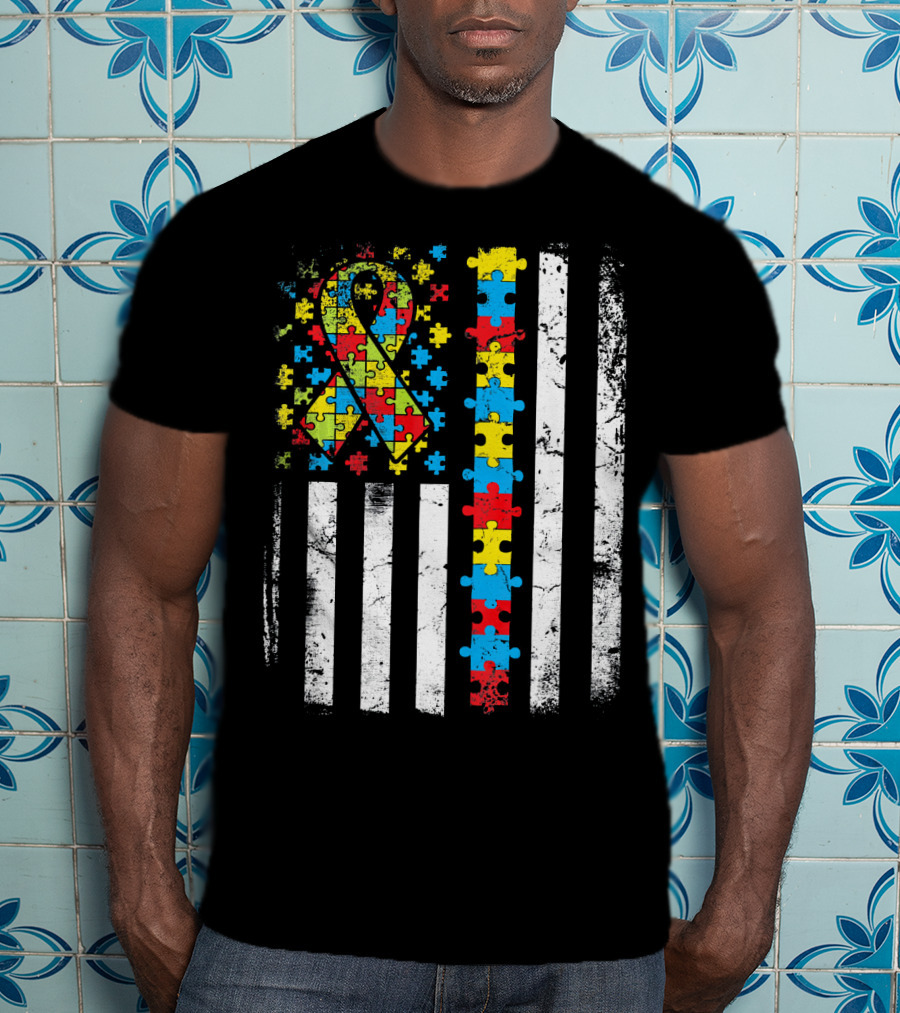 Autism Awareness American Flag Puzzle T-Shirt