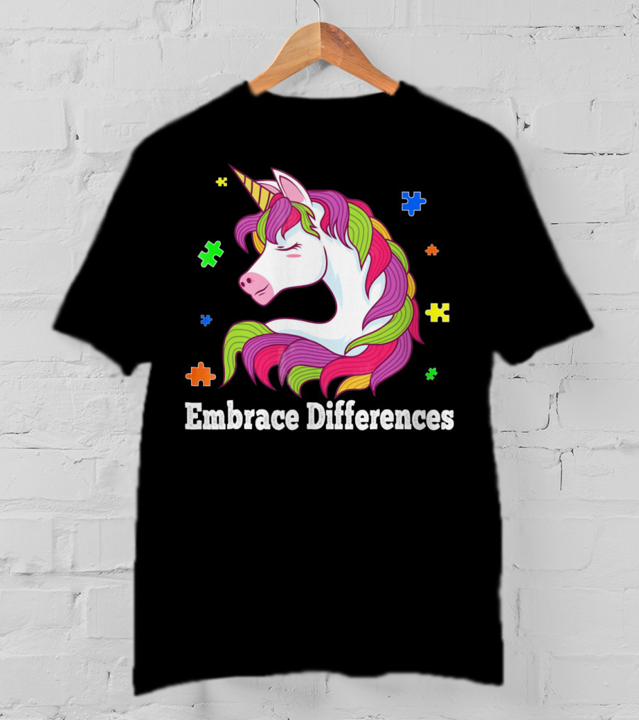 Embrace Differences Autism Awareness Unicorn Puzzle Pieces T-Shirt