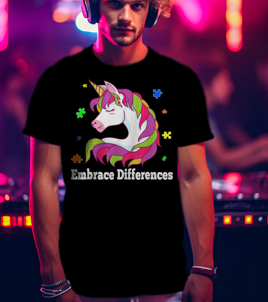 Embrace Differences Autism Awareness Unicorn Puzzle Pieces T-Shirt