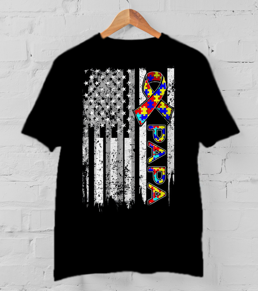 Papa Autism Awareness Puzzle Ribbon American Flag T-Shirt