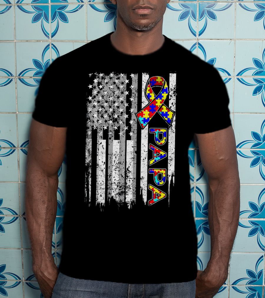 Papa Autism Awareness Puzzle Ribbon American Flag T-Shirt