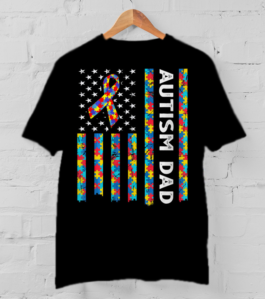 Autism Dad Awareness American Flag Puzzle T-Shirt