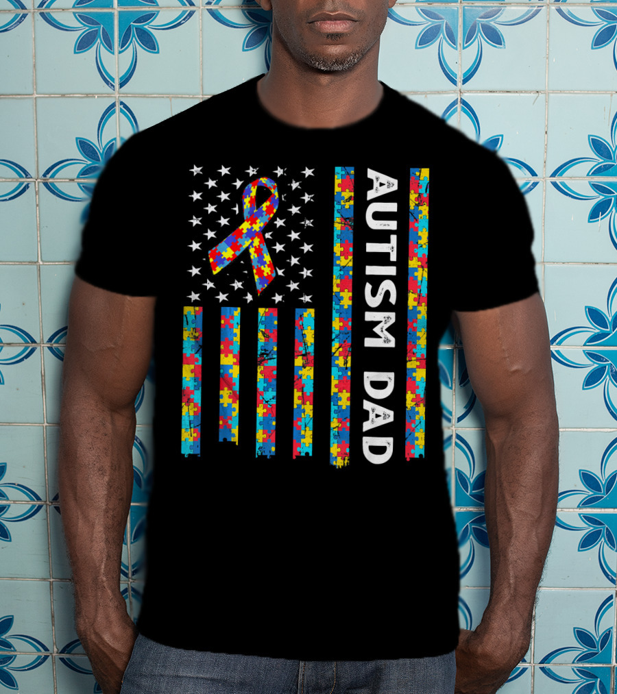 Autism Dad Awareness American Flag Puzzle T-Shirt