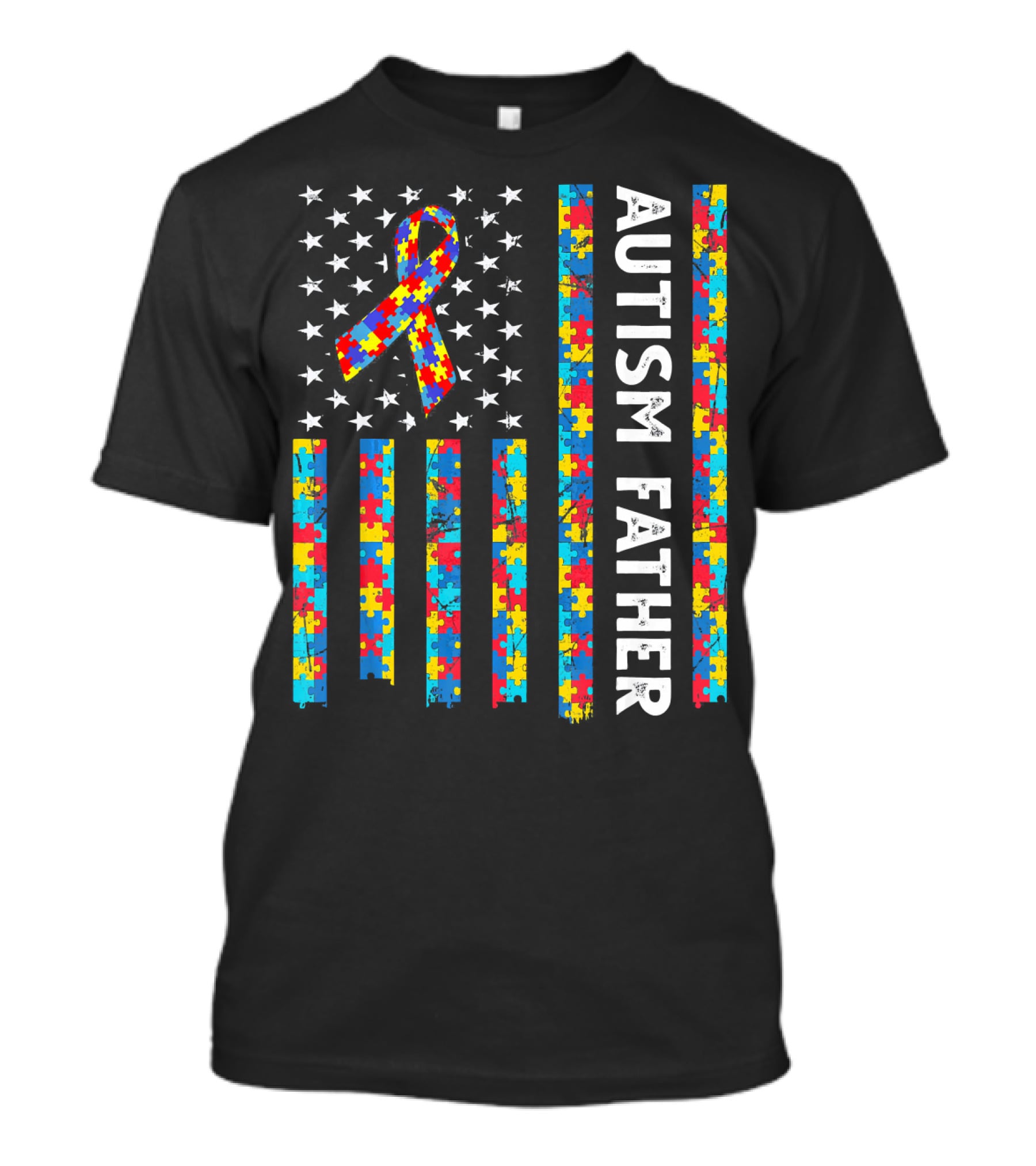 Autism Father Puzzle Ribbon American Flag Stars T-Shirt