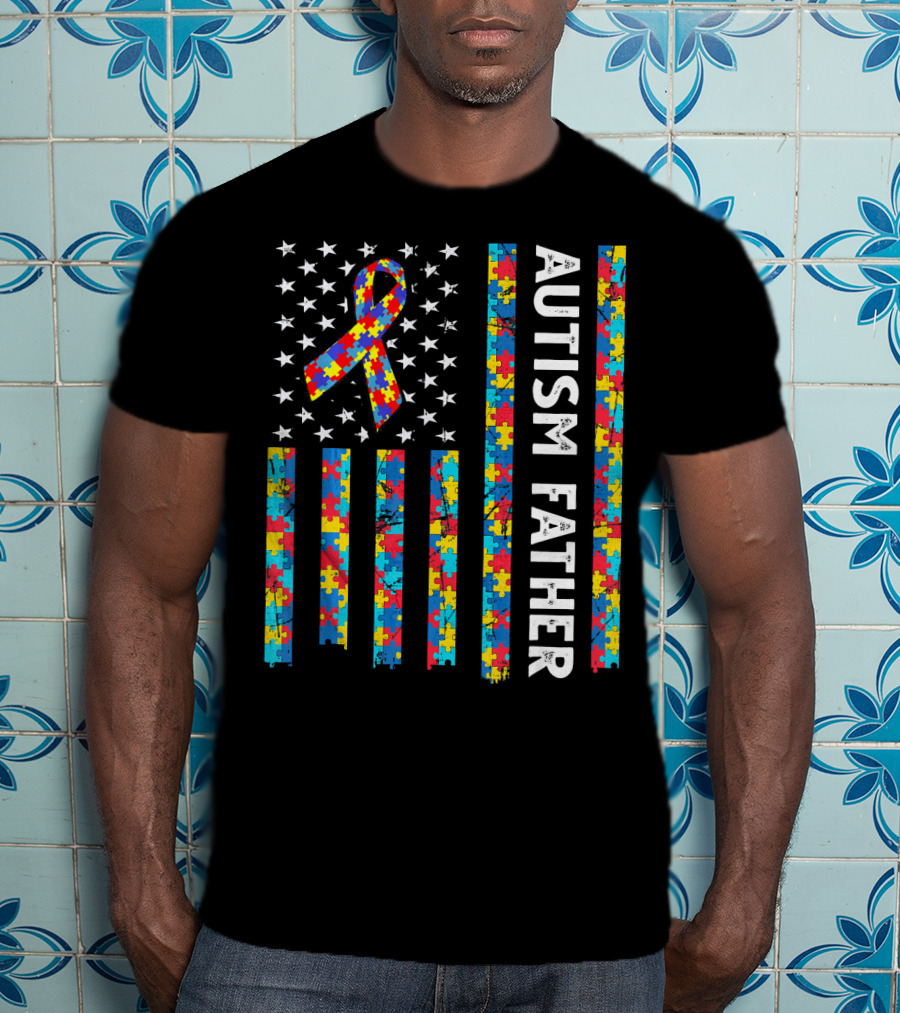 Autism Father Puzzle Ribbon American Flag Stars T-Shirt