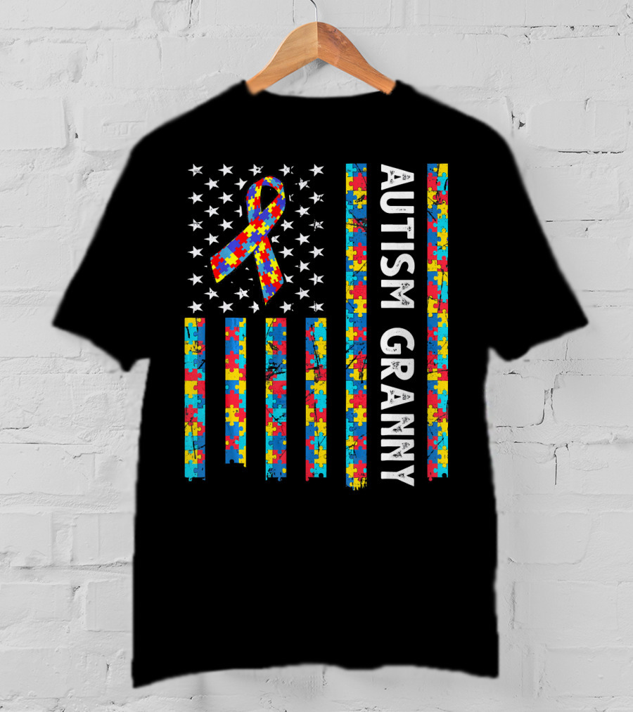 Autism Granny Puzzle Ribbon American Flag With Stars T-Shirt