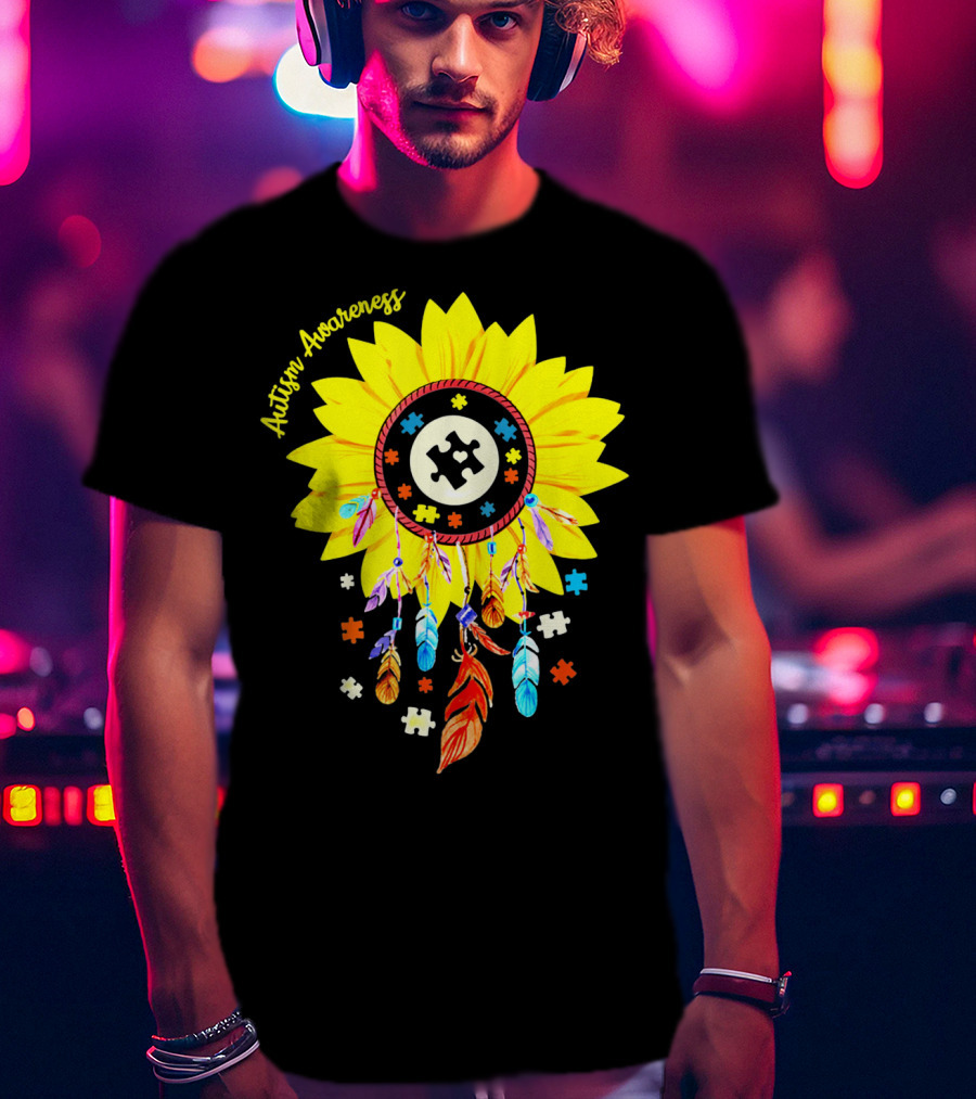 Autism Awareness Dream Catcher Sunflower With Puzzle Pieces T-Shirt