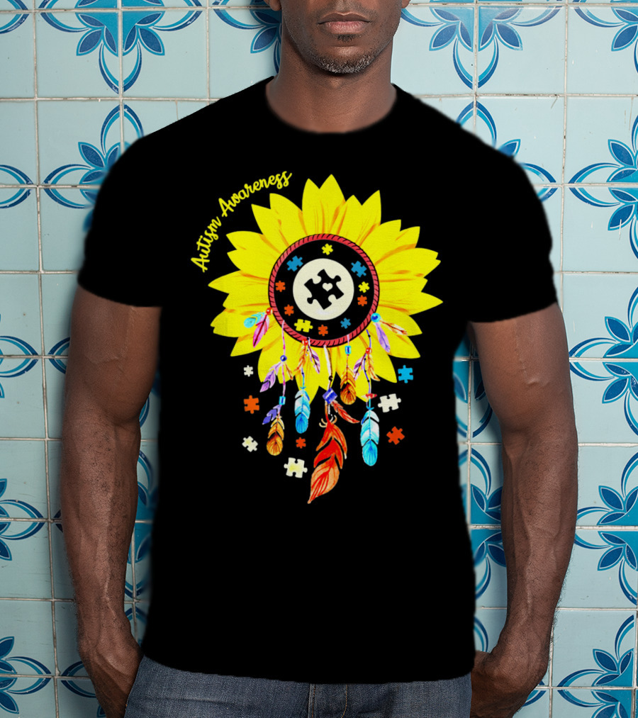 Autism Awareness Dream Catcher Sunflower With Puzzle Pieces T-Shirt