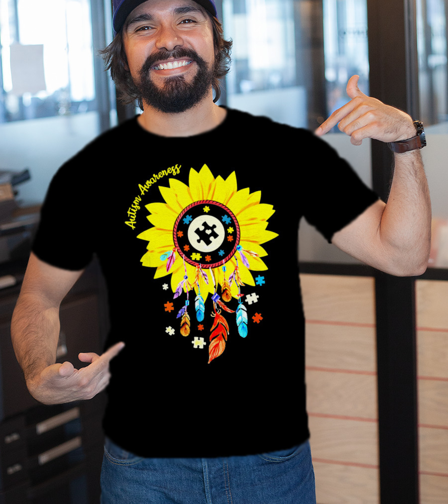 Autism Awareness Dream Catcher Sunflower With Puzzle Pieces T-Shirt