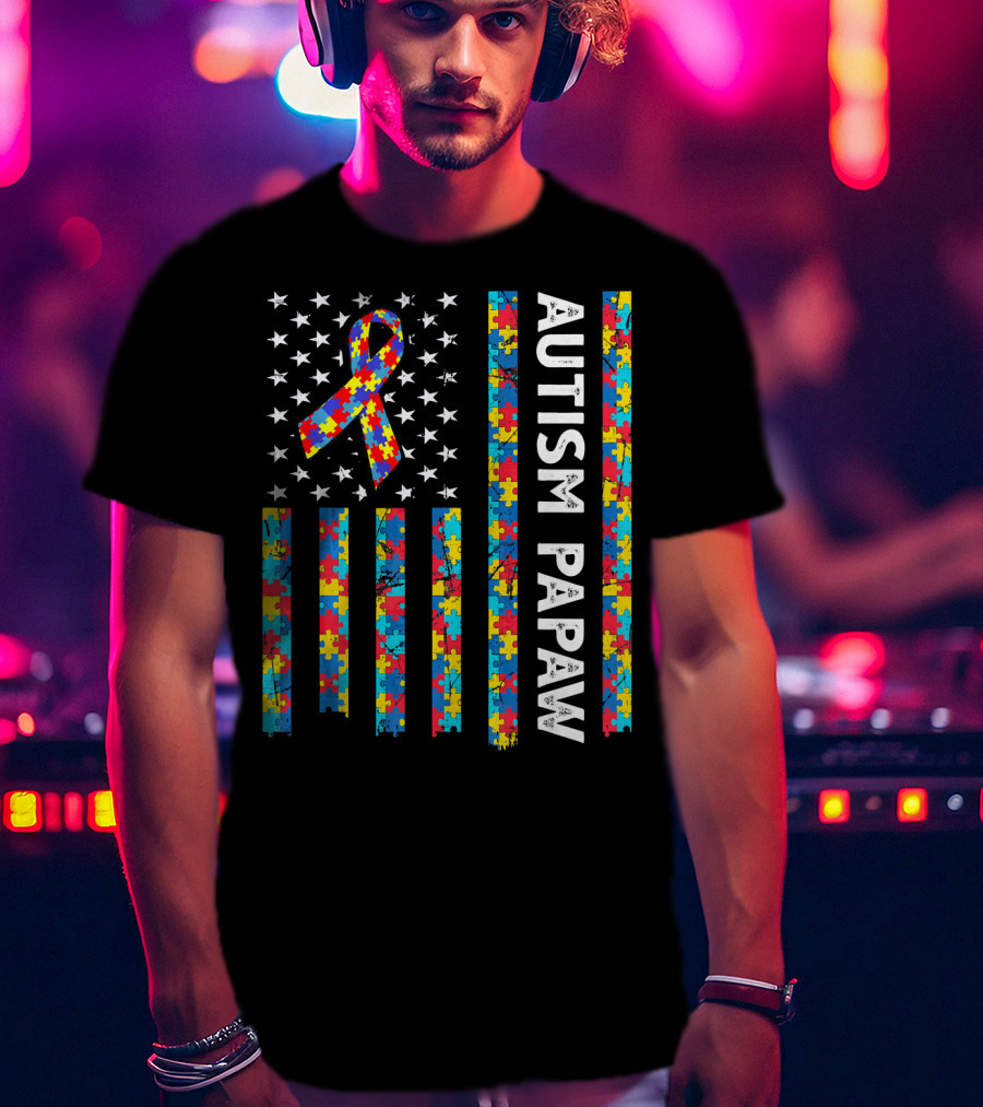 Autism Awareness Papaw American Flag Puzzle T-Shirt