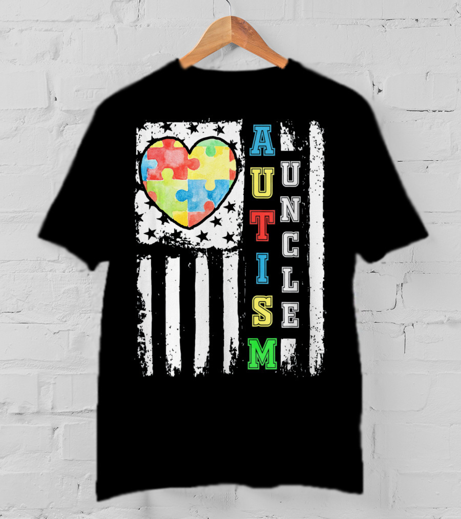 Autism Uncle US Flag Puzzle Heart T-Shirt