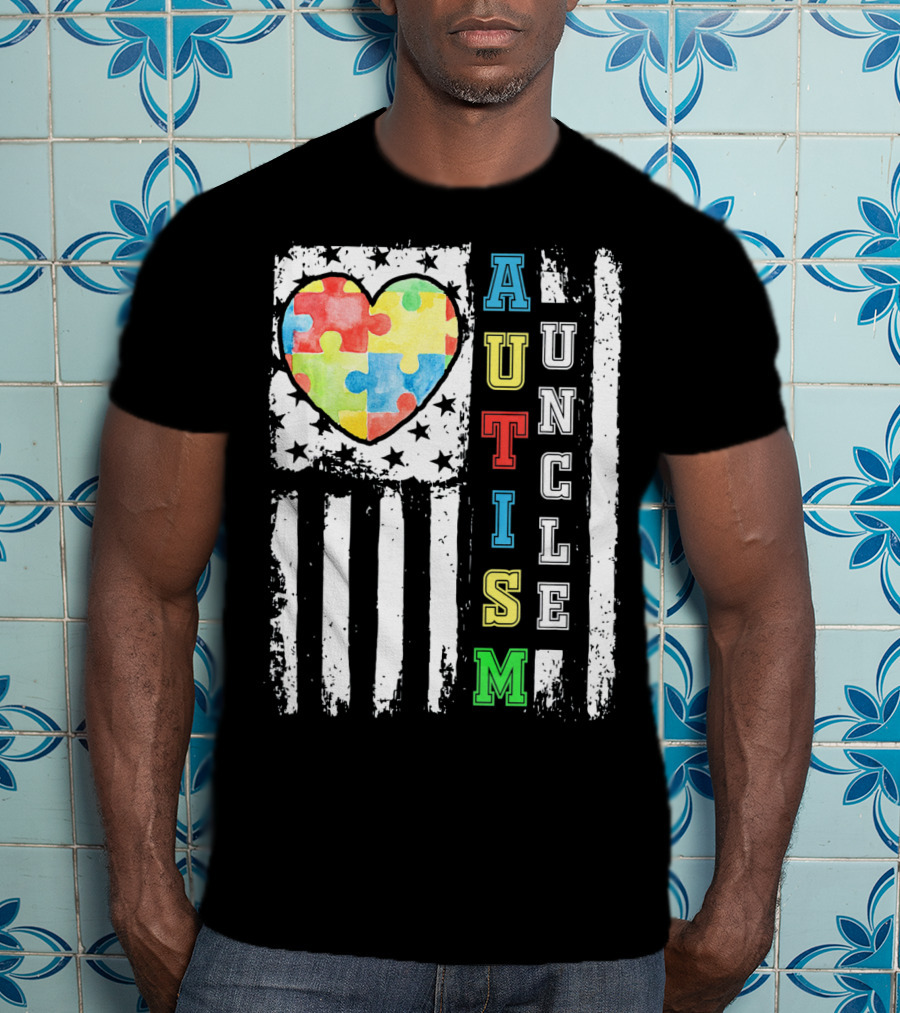 Autism Uncle US Flag Puzzle Heart T-Shirt