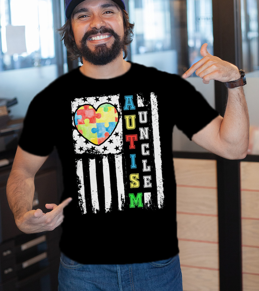 Autism Uncle US Flag Puzzle Heart T-Shirt