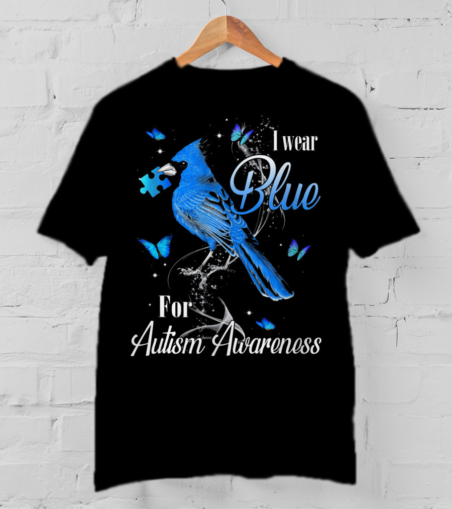I Wear Blue For Autism Awareness Cardinal Bird Puzzle Piece Butterfly T-Shirt