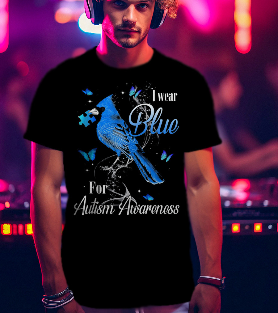 I Wear Blue For Autism Awareness Cardinal Bird Puzzle Piece Butterfly T-Shirt