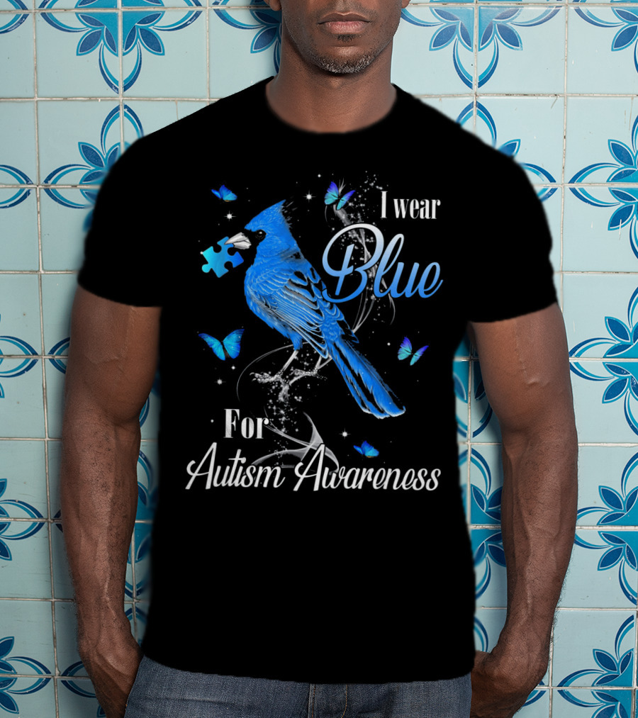 I Wear Blue For Autism Awareness Cardinal Bird Puzzle Piece Butterfly T-Shirt