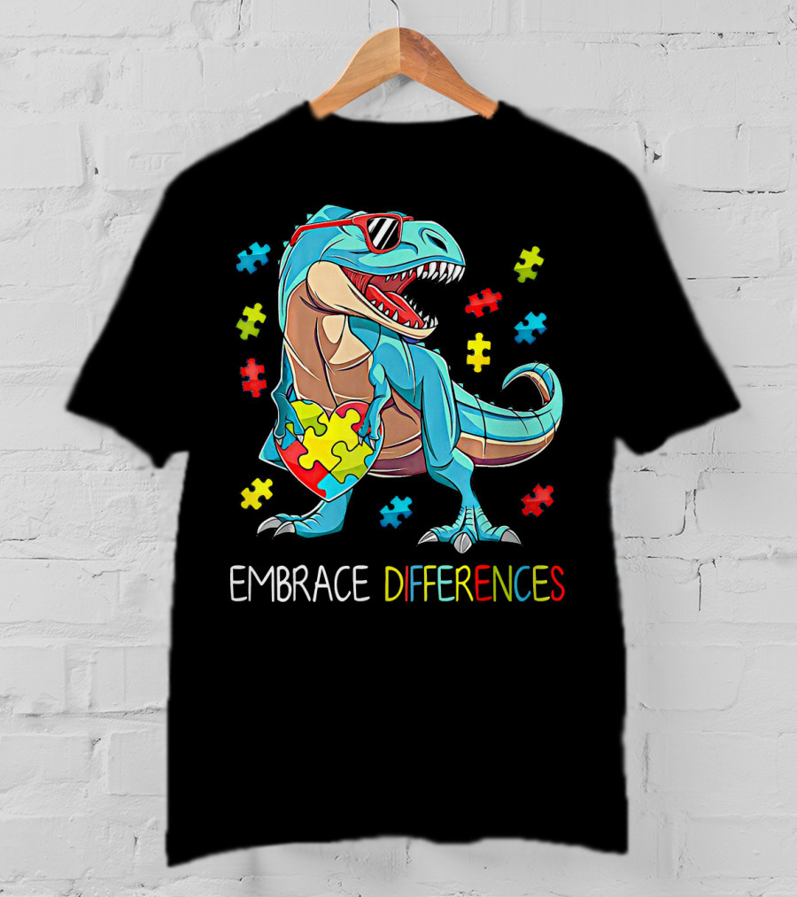 Embrace Differences Autism Awareness Dinosaur Rex Puzzle T-Shirt