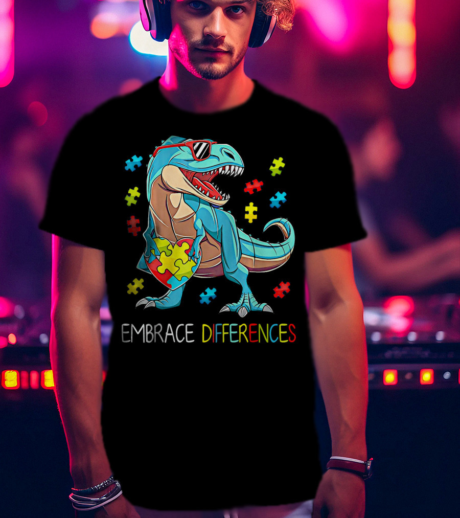Embrace Differences Autism Awareness Dinosaur Rex Puzzle T-Shirt
