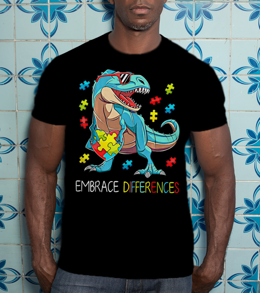 Embrace Differences Autism Awareness Dinosaur Rex Puzzle T-Shirt