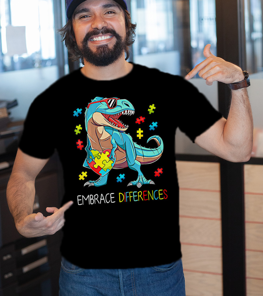 Embrace Differences Autism Awareness Dinosaur Rex Puzzle T-Shirt