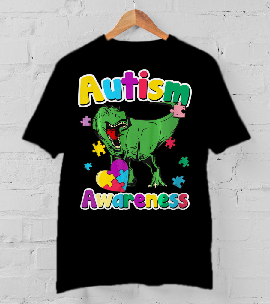 Autism Awareness Colorful Puzzle Tyrannosaurus T-Shirt