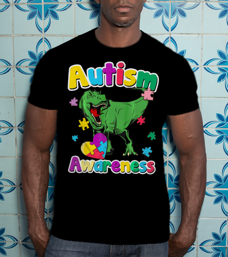 Autism Awareness Colorful Puzzle Tyrannosaurus T-Shirt