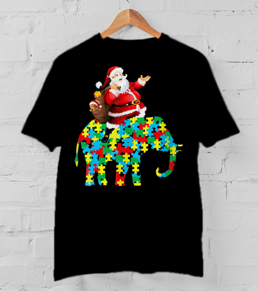 Santa Claus Riding Puzzle Piece Elephant Christmas Autism T-Shirt