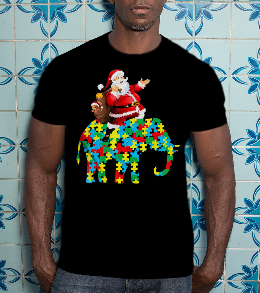 Santa Claus Riding Puzzle Piece Elephant Christmas Autism T-Shirt
