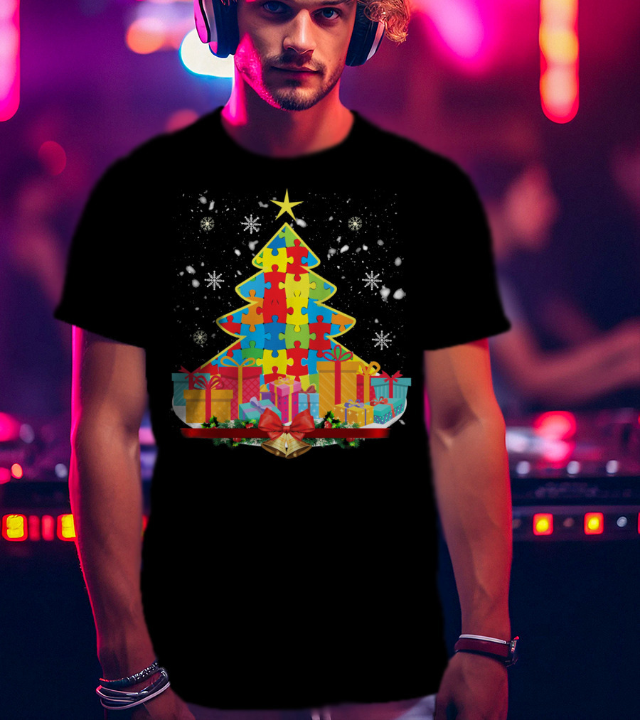 Christmas Tree Puzzle Pieces Autism Awareness T-Shirt
