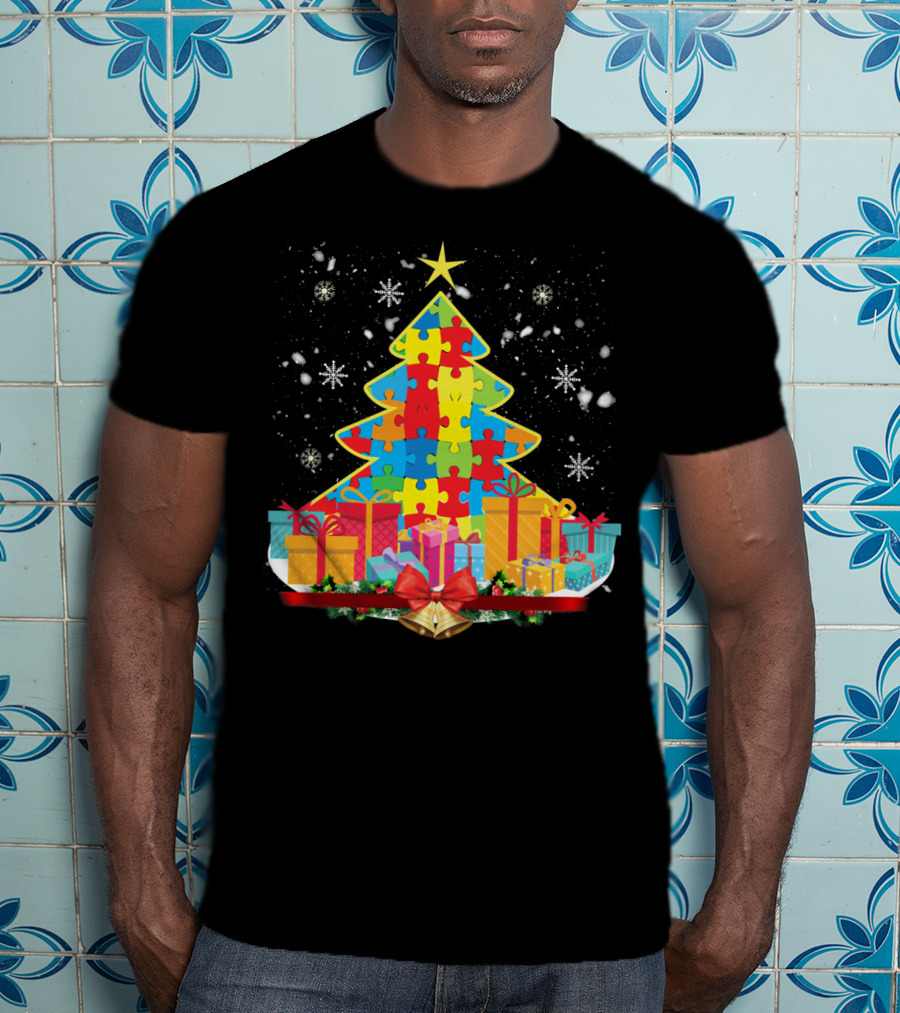 Christmas Tree Puzzle Pieces Autism Awareness T-Shirt