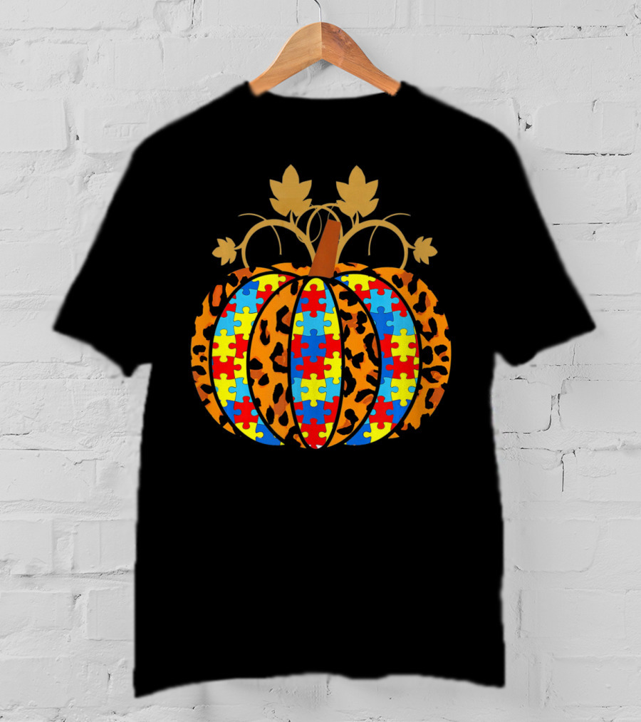 Autism Awareness Puzzle Pieces Leopard Print Pumpkin T-Shirt