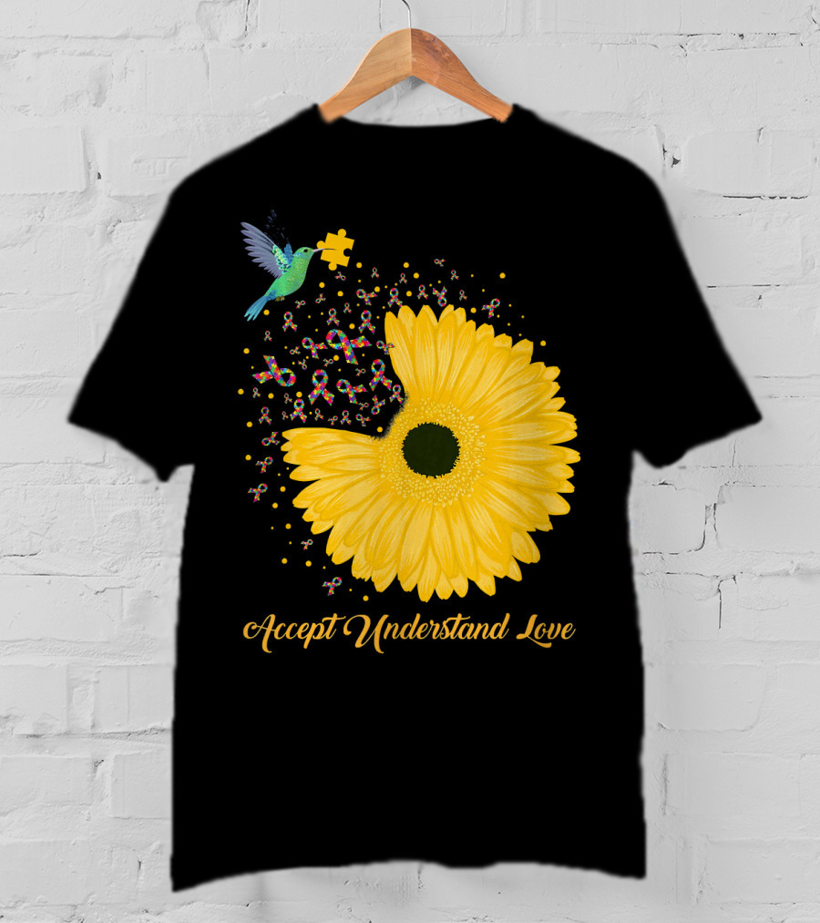 Sunflower Accept Understand Love Puzzle Piece Hummingbird Autism Awareness T-Shirt
