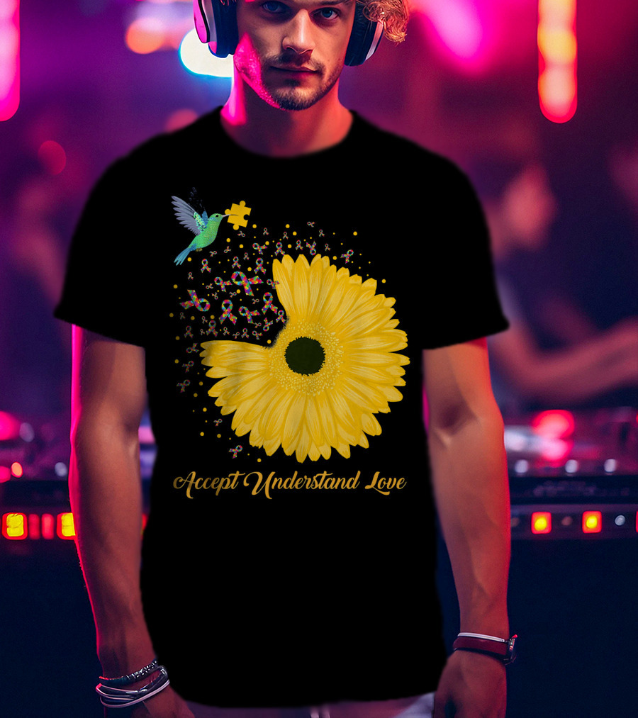 Sunflower Accept Understand Love Puzzle Piece Hummingbird Autism Awareness T-Shirt