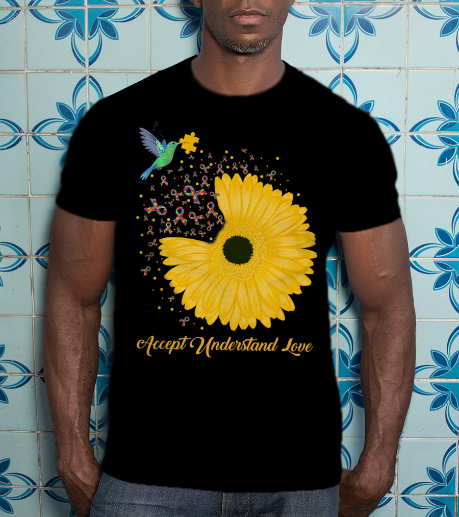 Sunflower Accept Understand Love Puzzle Piece Hummingbird Autism Awareness T-Shirt