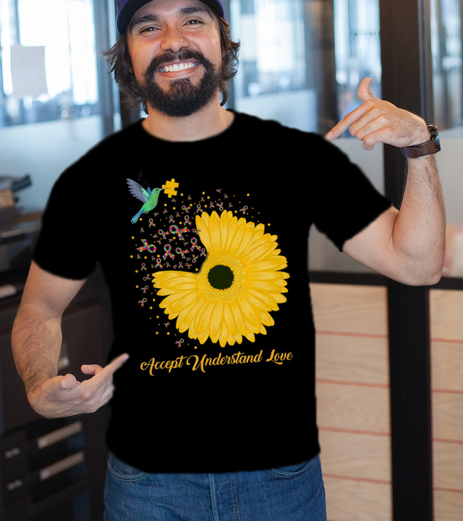 Sunflower Accept Understand Love Puzzle Piece Hummingbird Autism Awareness T-Shirt