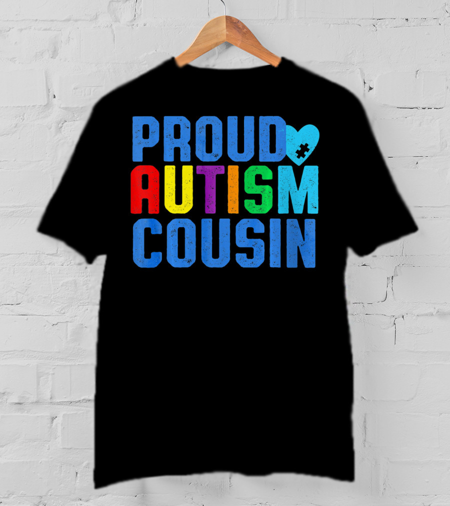 Proud Autism Cousin Family Support Rainbow Puzzle Heart T-Shirt