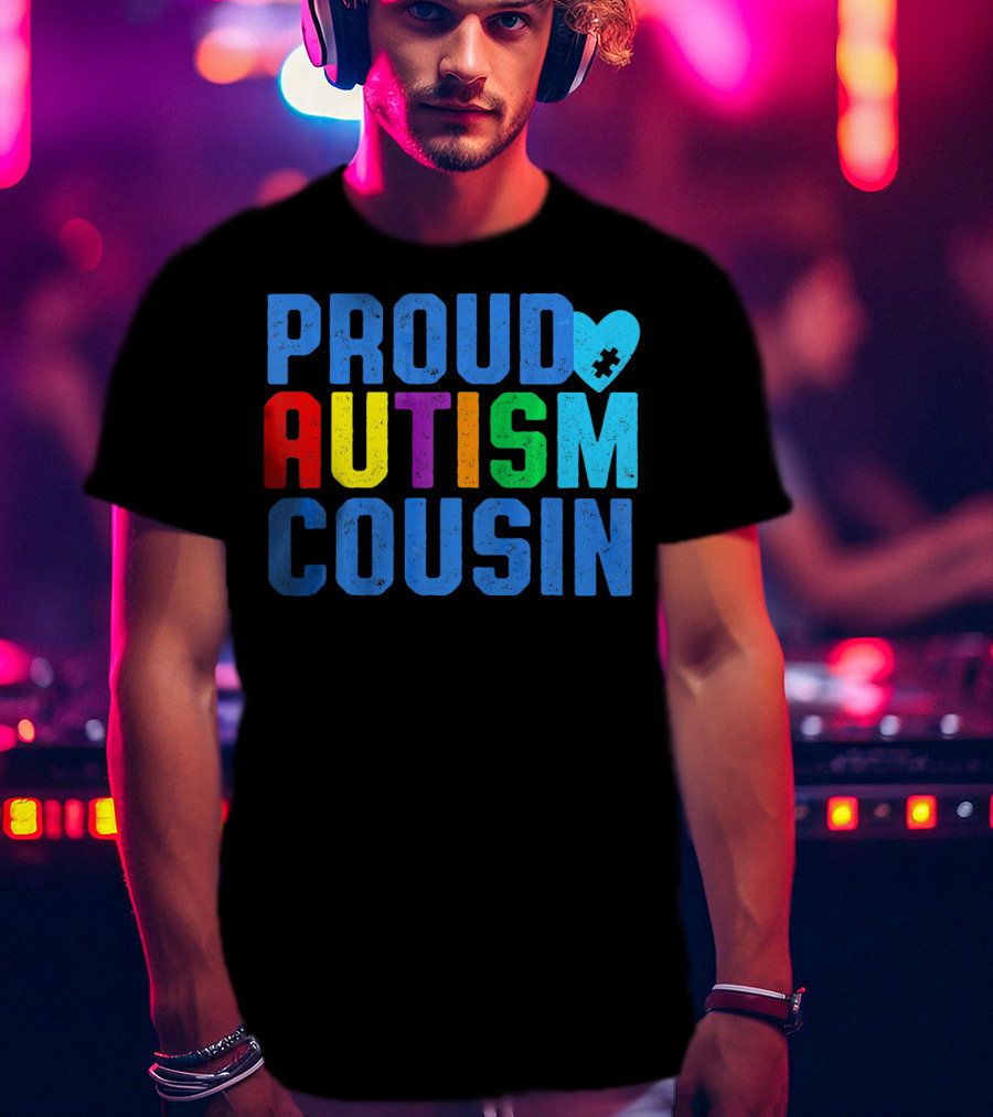 Proud Autism Cousin Family Support Rainbow Puzzle Heart T-Shirt