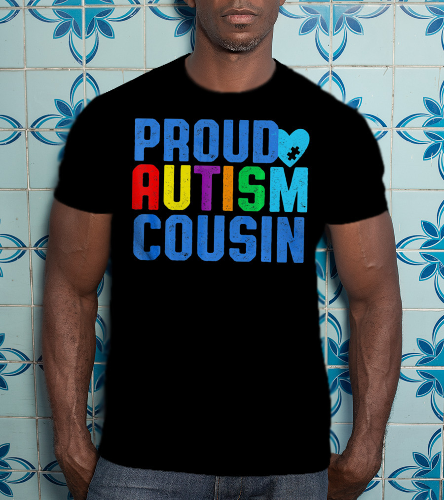 Proud Autism Cousin Family Support Rainbow Puzzle Heart T-Shirt