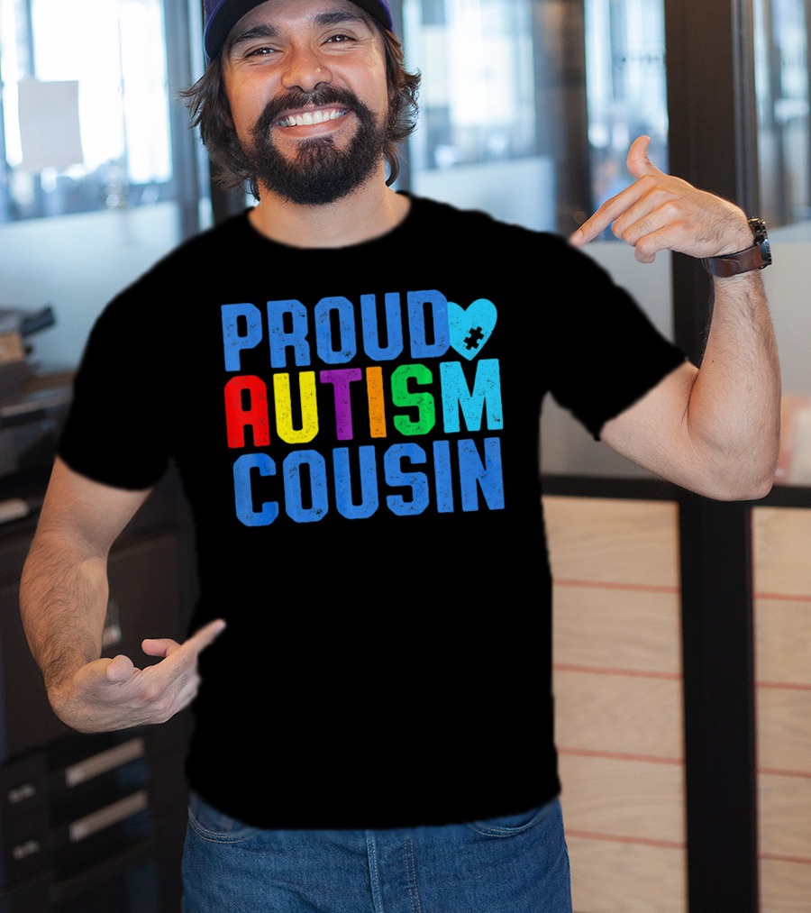 Proud Autism Cousin Family Support Rainbow Puzzle Heart T-Shirt