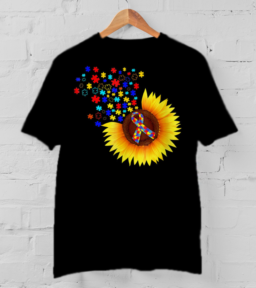 Sunflower Autism Awareness Ribbon With Colorful Puzzle Pieces T-Shirt