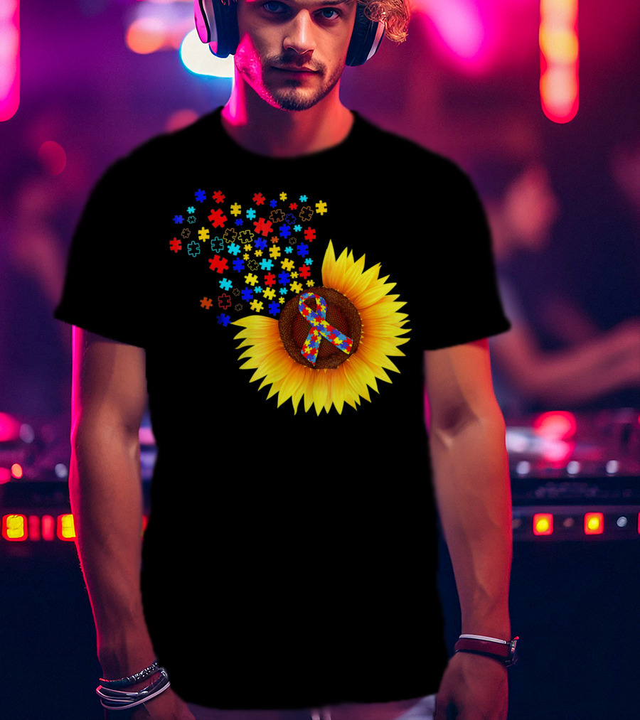 Sunflower Autism Awareness Ribbon With Colorful Puzzle Pieces T-Shirt