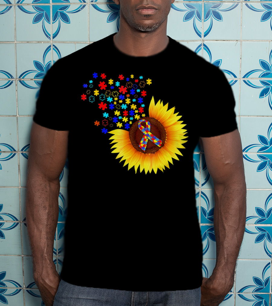 Sunflower Autism Awareness Ribbon With Colorful Puzzle Pieces T-Shirt