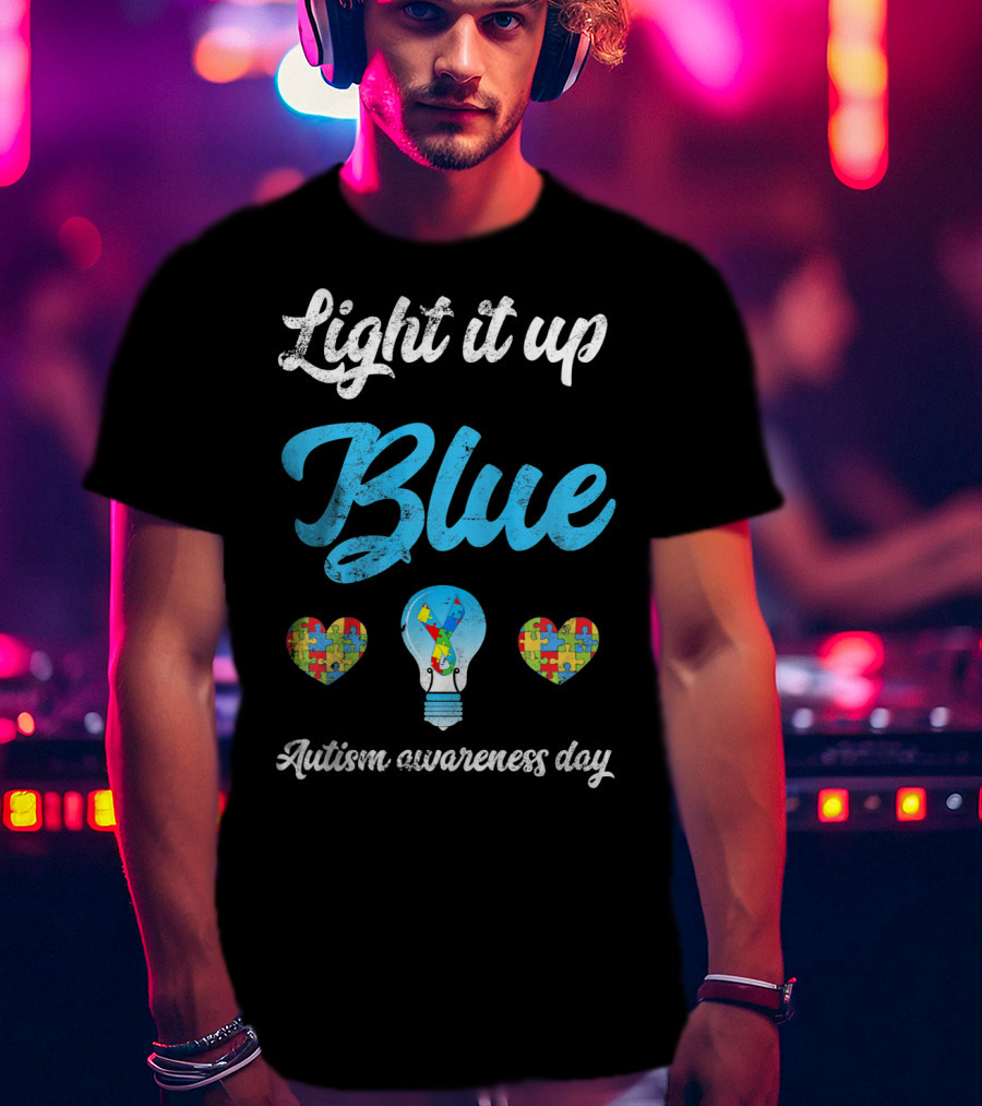 Light It Up Blue Autism Awareness Day Puzzle Hearts Lightbulb T-Shirt