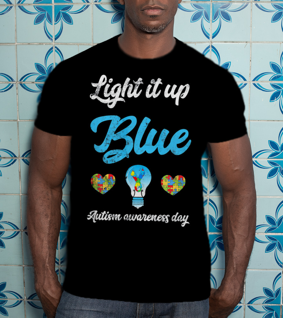 Light It Up Blue Autism Awareness Day Puzzle Hearts Lightbulb T-Shirt