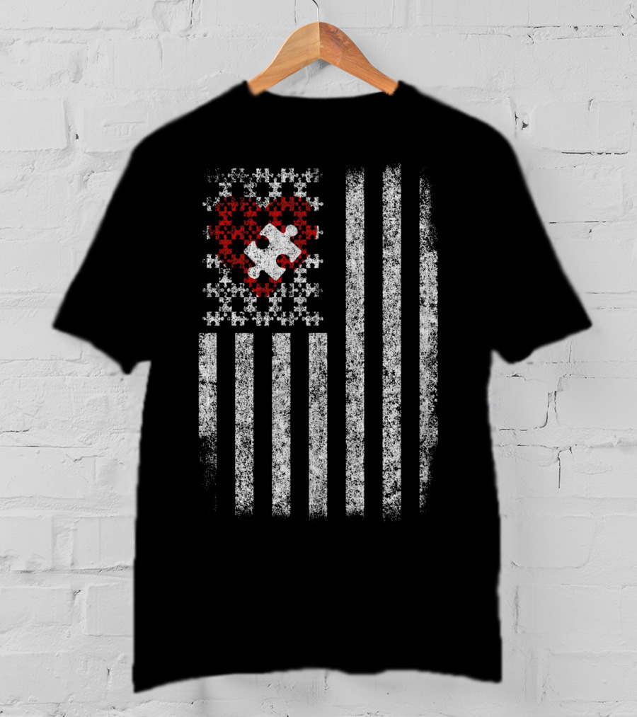 American Flag Heart Puzzle Autism T-Shirt