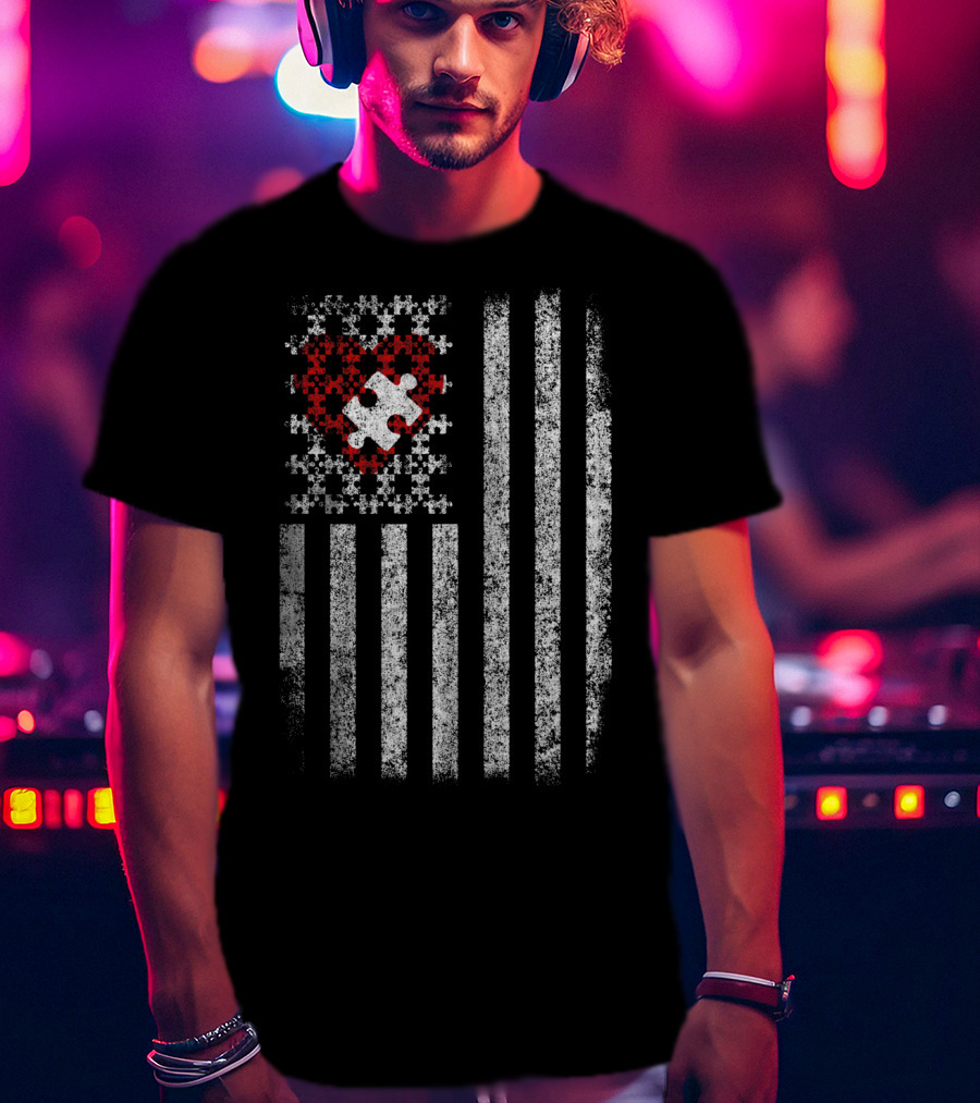 American Flag Heart Puzzle Autism T-Shirt